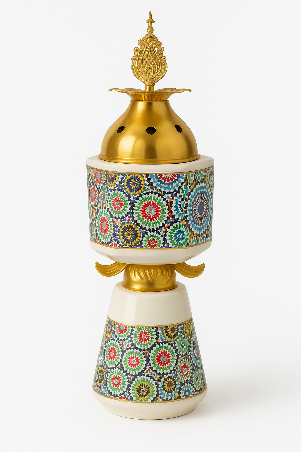 Encensoir Oriental en Céramique Émaillée et Dorure – Motifs Zellige Marocain