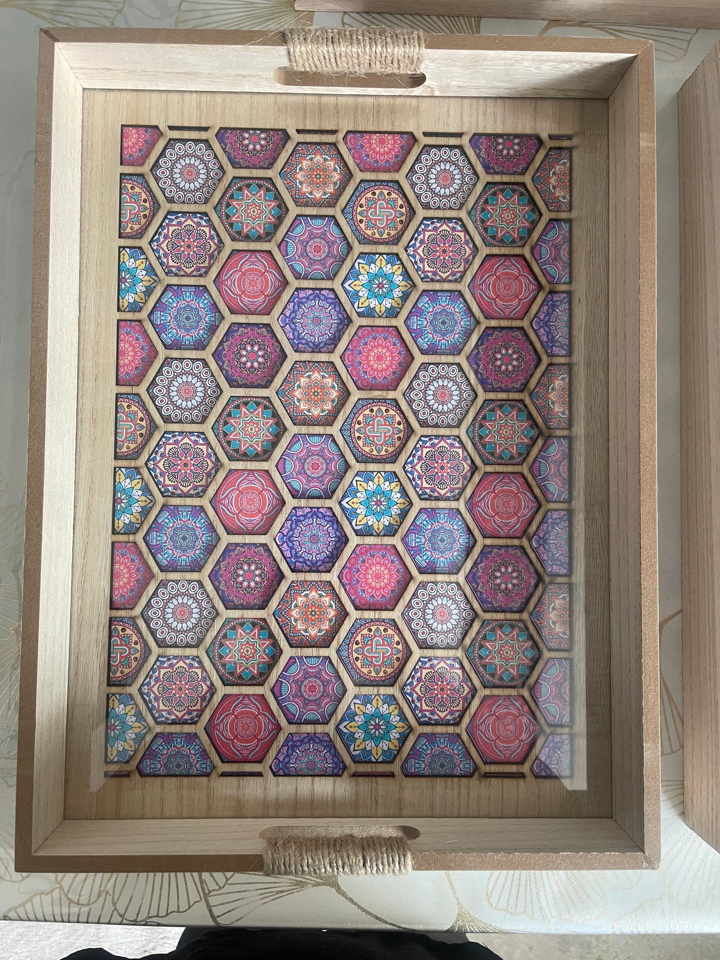 Plateau Oriental en Bois avec Motifs Zellige sous Verre – Grand Format – 3 Décors au Choix