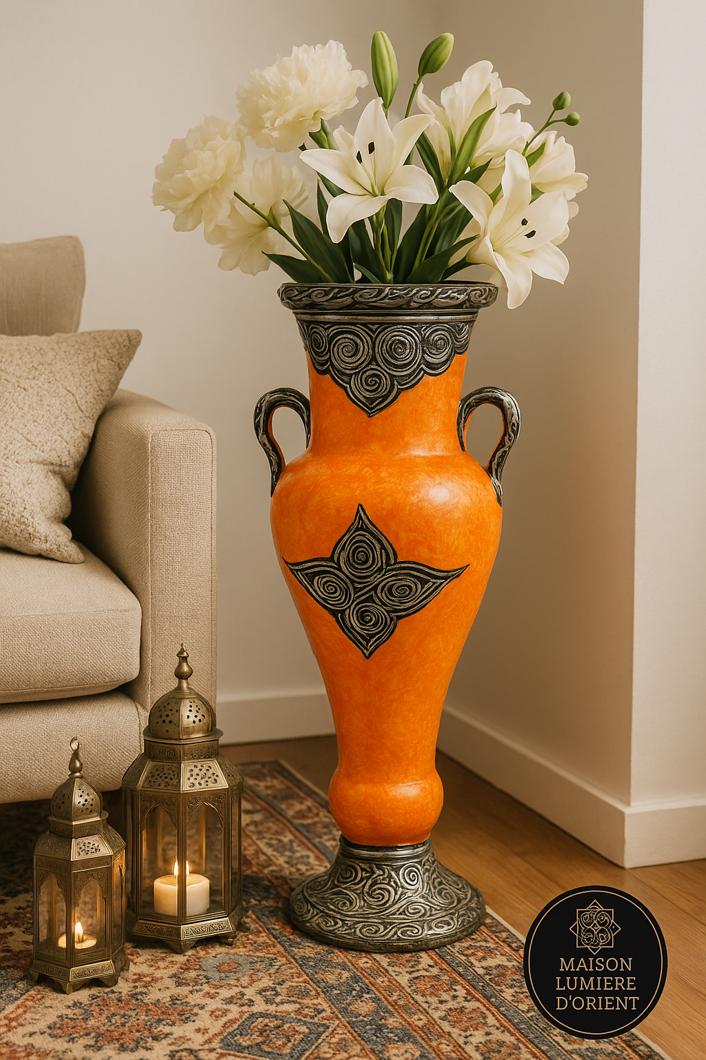 Grand vase décoratif Orientale Orange et Gris argenté-Fait main-69cm