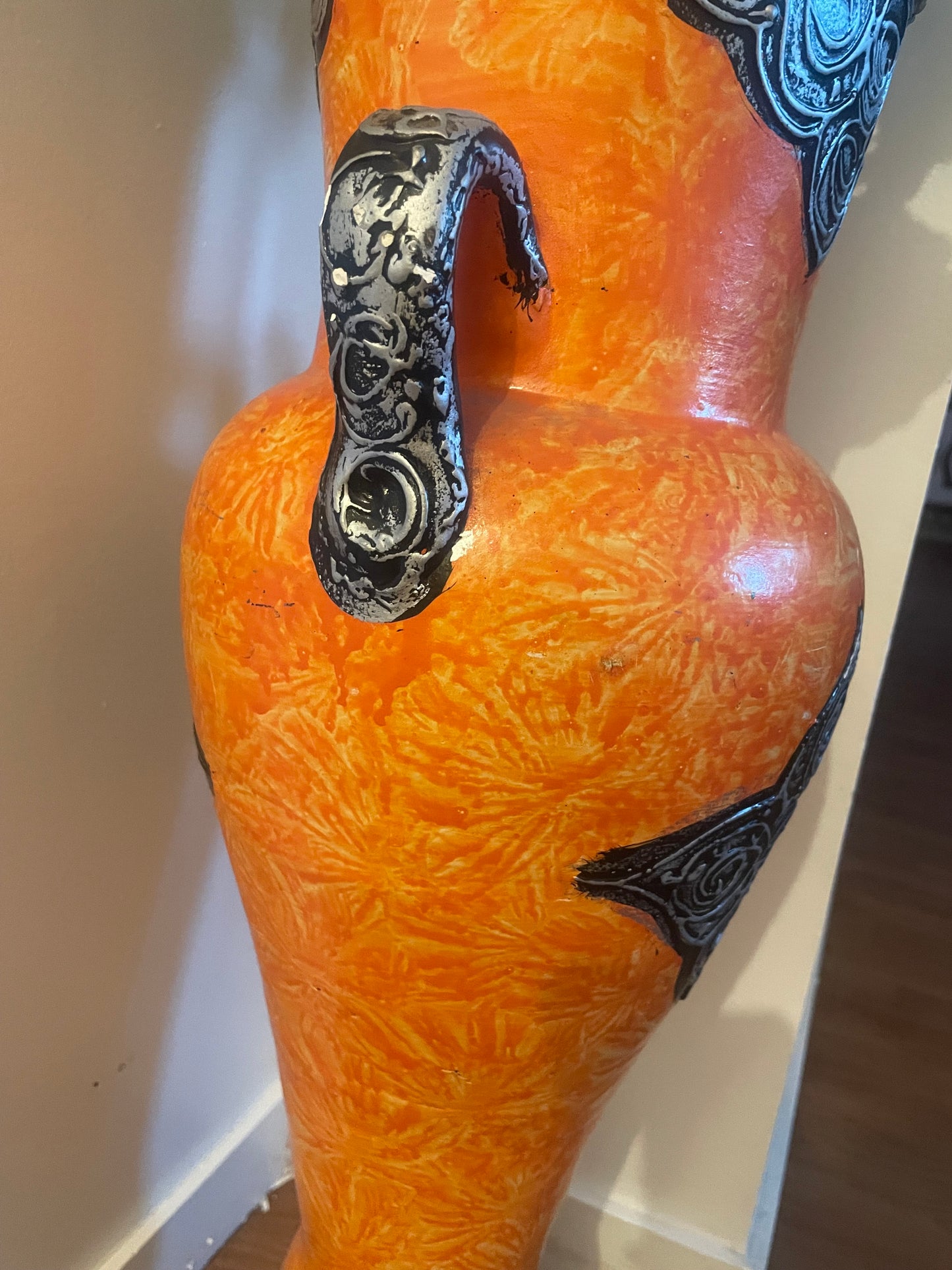 Grand vase décoratif Orientale Orange et Gris argenté-Fait main-69cm