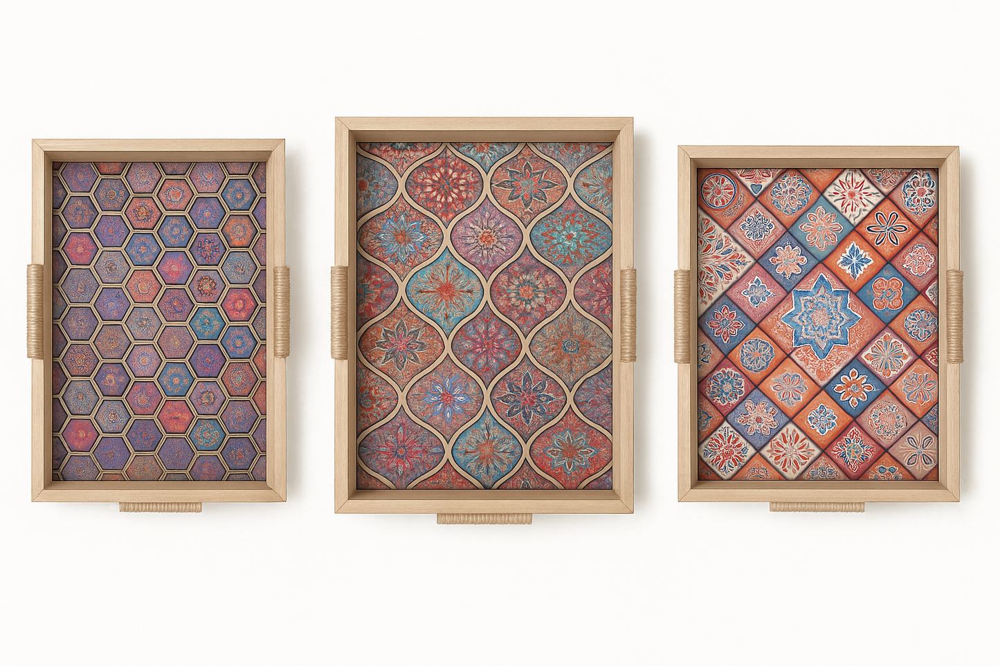 Plateau Oriental en Bois avec Motifs Zellige sous Verre – Grand Format – 3 Décors au Choix