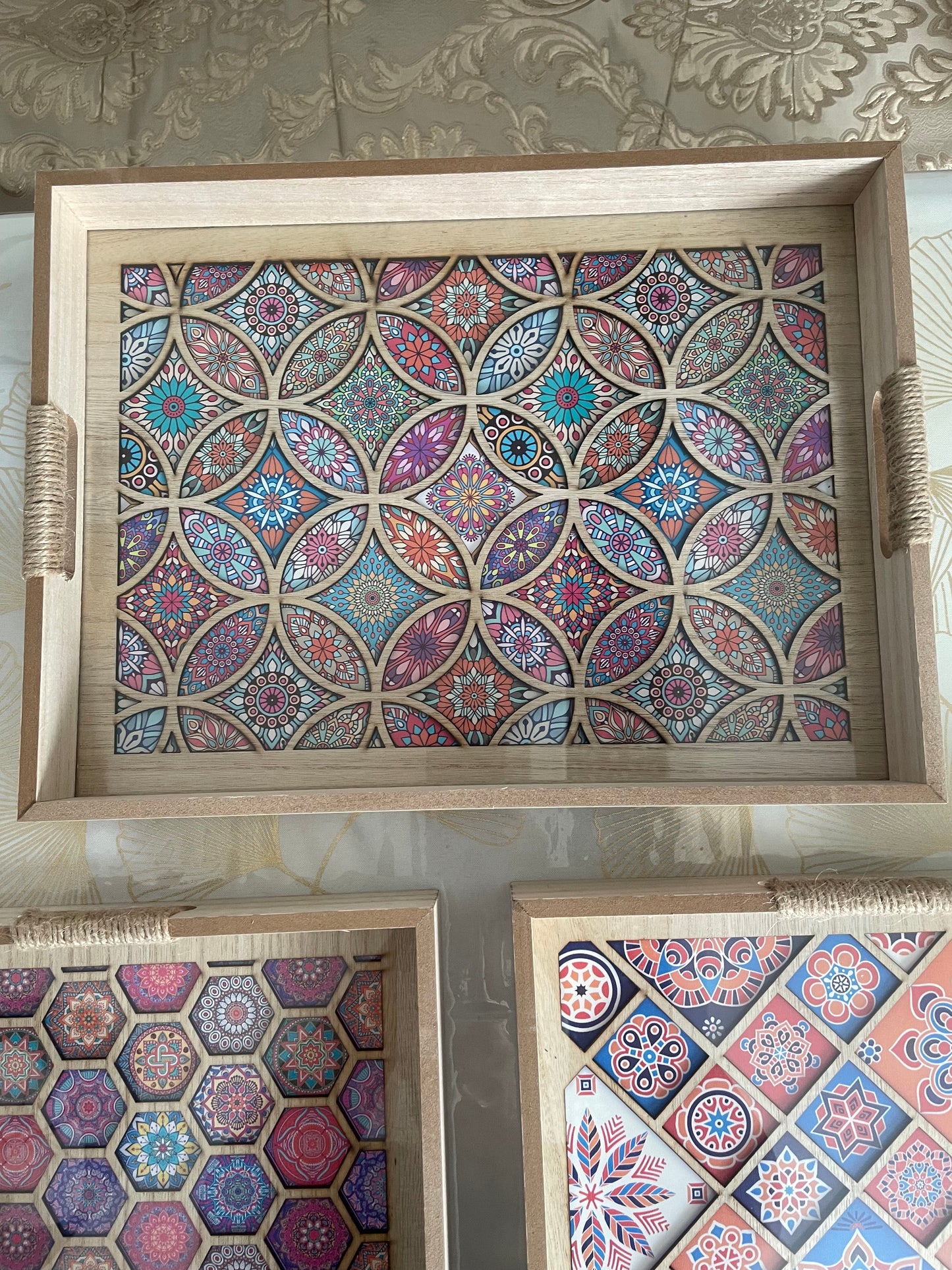 Plateau Oriental en Bois avec Motifs Zellige sous Verre – Grand Format – 3 Décors au Choix