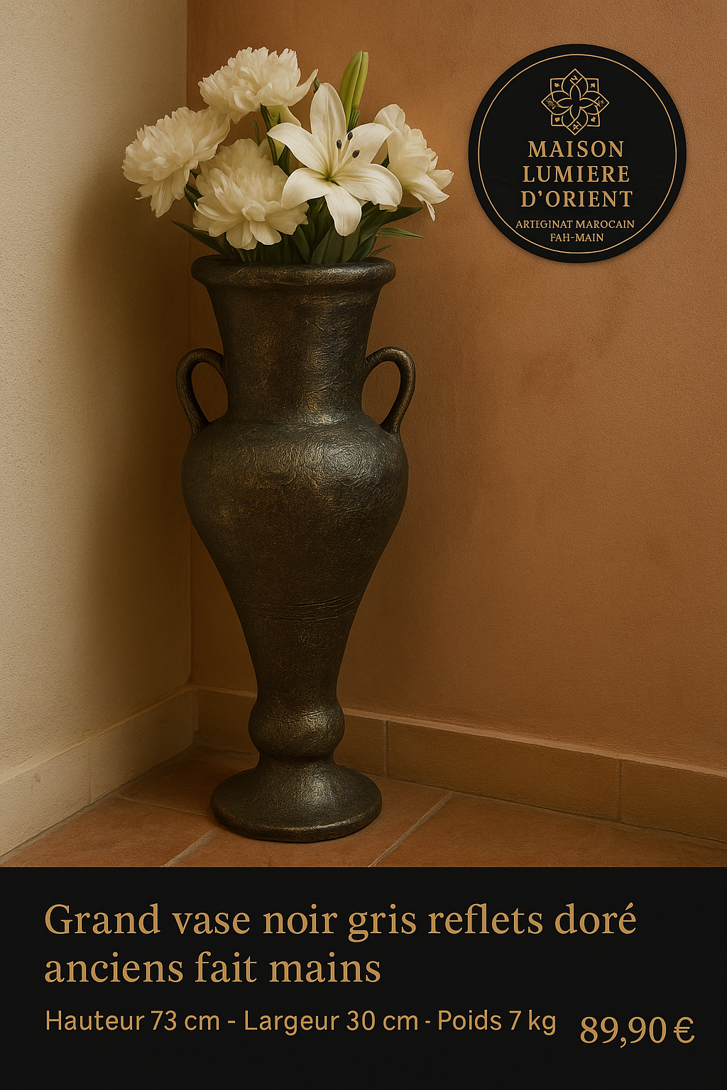 Grand vase décoratif oriental noir et doré- Fait main, 73 cm
