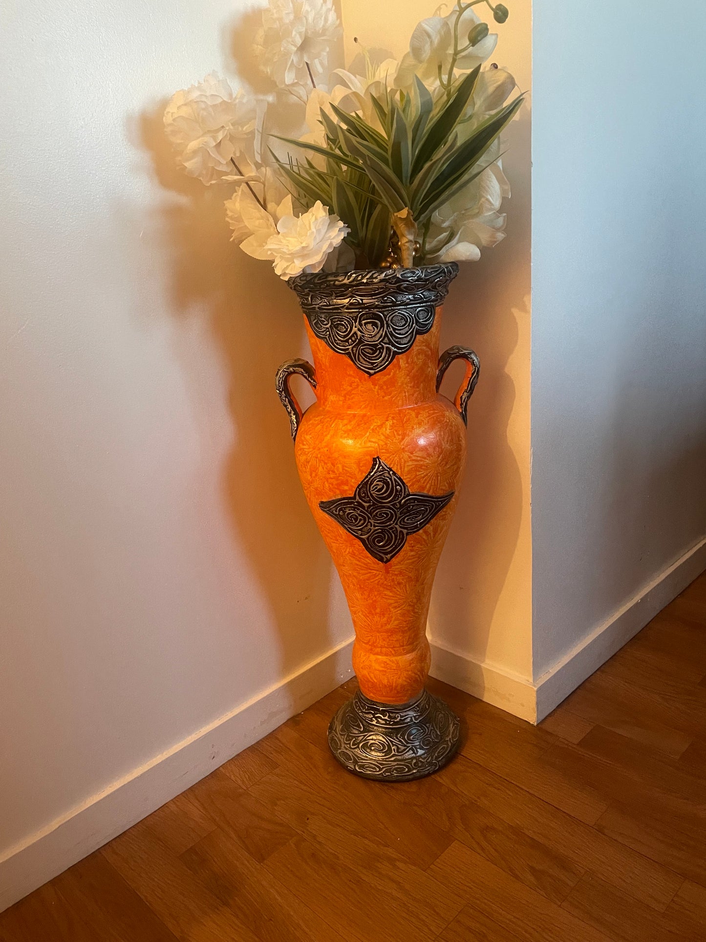 Grand vase décoratif Orientale Orange et Gris argenté-Fait main-69cm