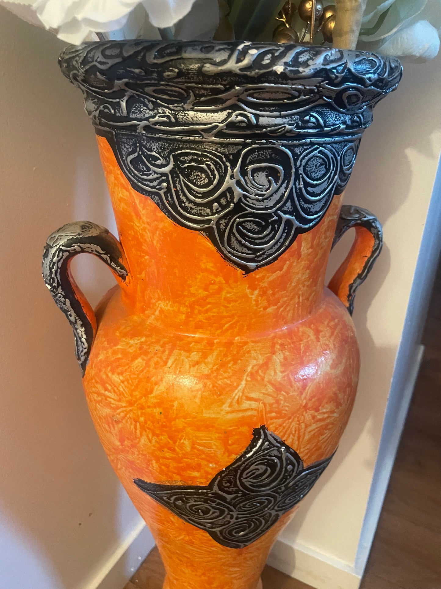 Grand vase décoratif Orientale Orange et Gris argenté-Fait main-69cm