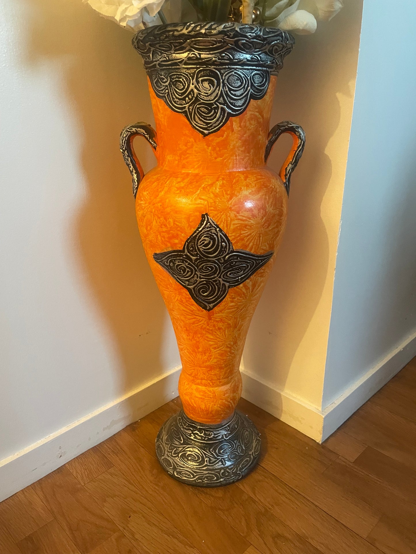 Grand vase décoratif Orientale Orange et Gris argenté-Fait main-69cm