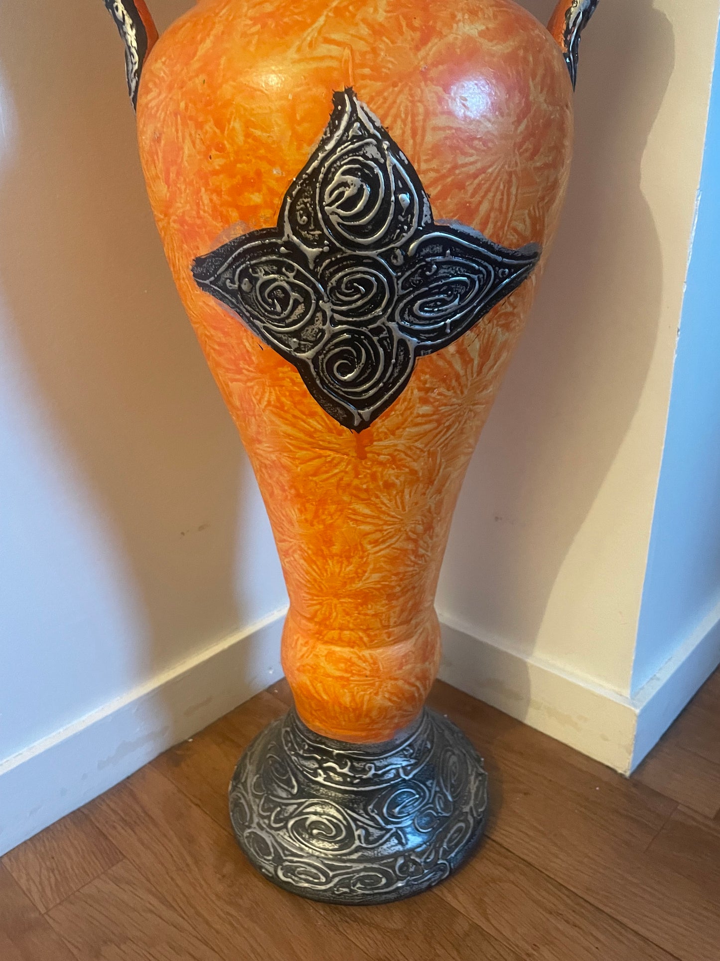 Grand vase décoratif Orientale Orange et Gris argenté-Fait main-69cm