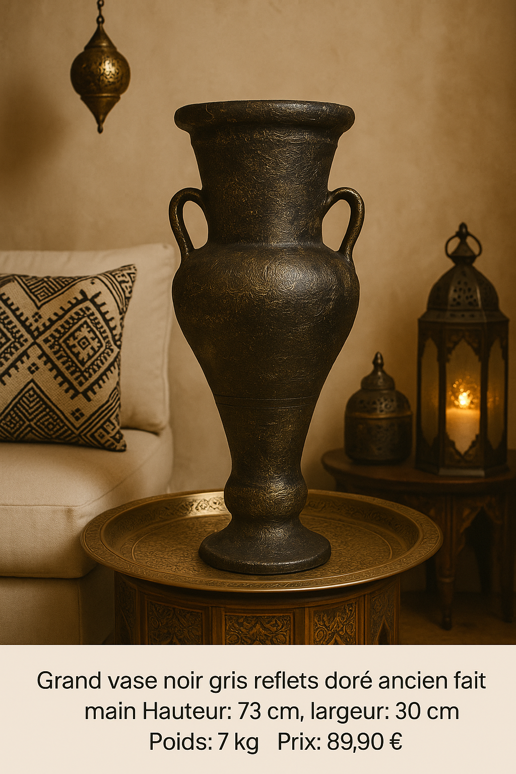 Grand vase décoratif oriental noir et doré- Fait main, 73 cm