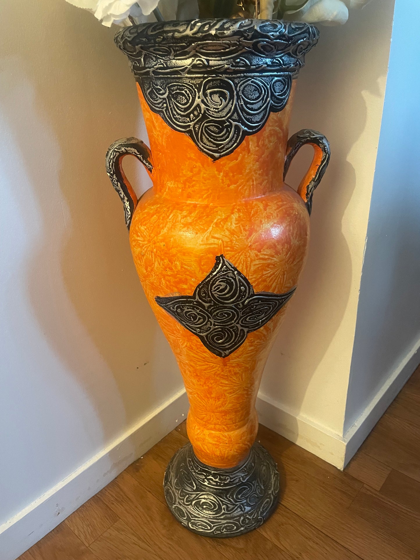 Grand vase décoratif Orientale Orange et Gris argenté-Fait main-69cm