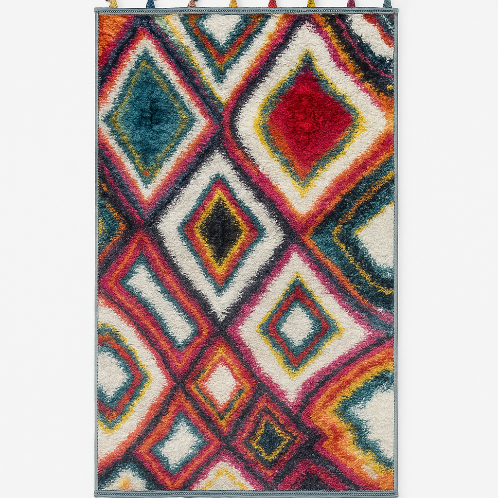 Tapis multicolore bohème – 60x110 cm – Motifs losanges et franges