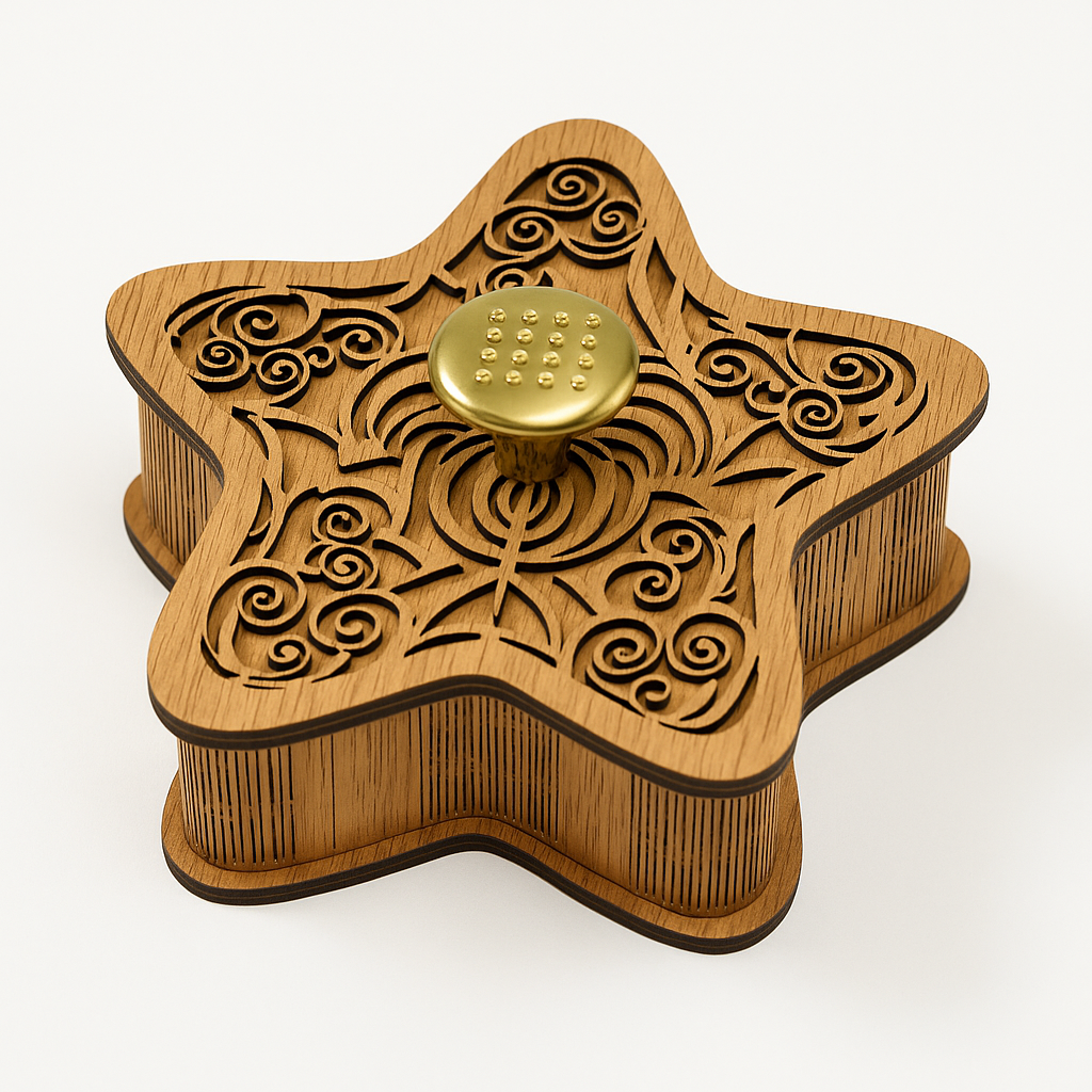 Boîte artisanale en bois – Forme étoile et poignée dorée