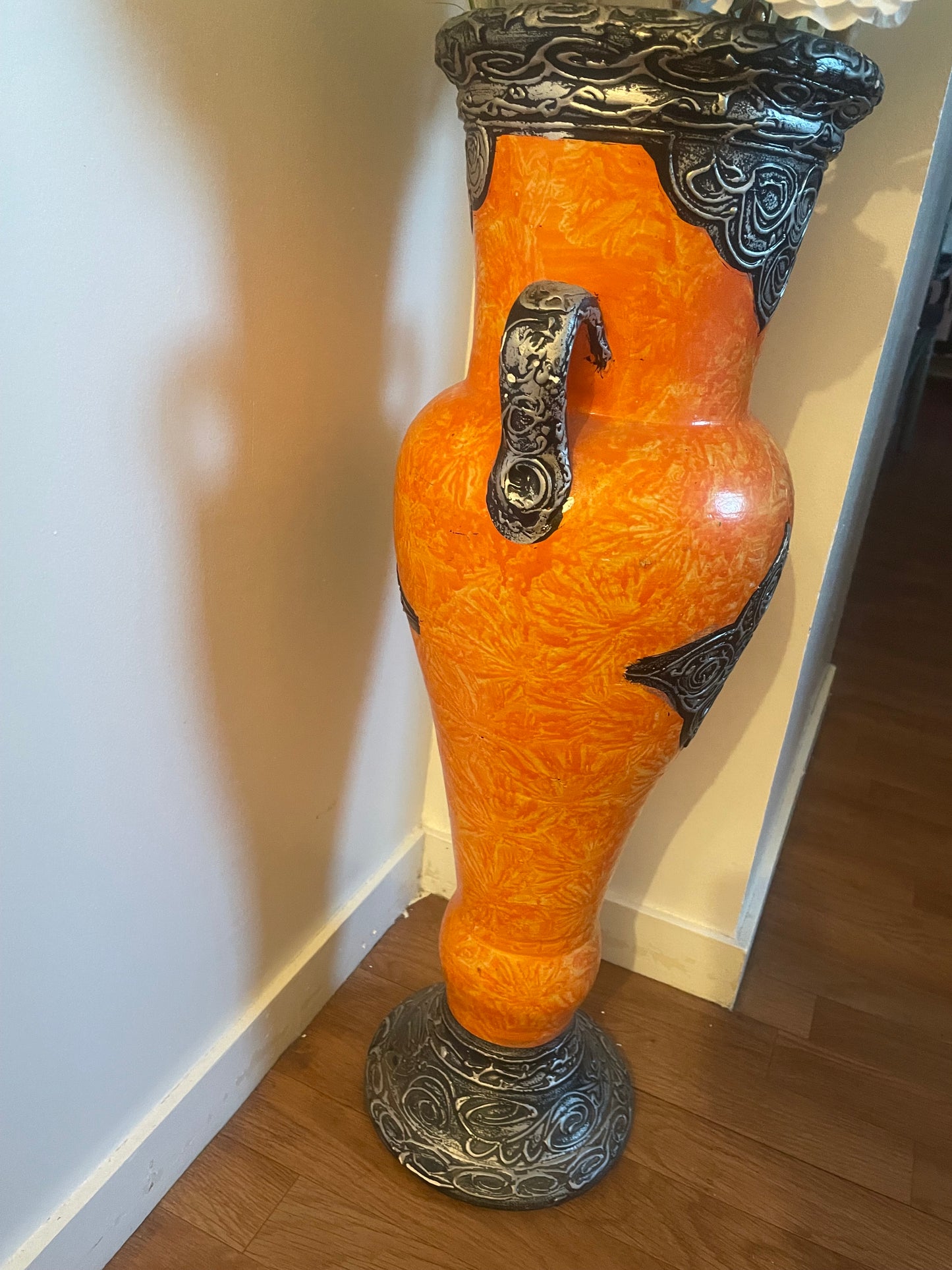 Grand vase décoratif Orientale Orange et Gris argenté-Fait main-69cm