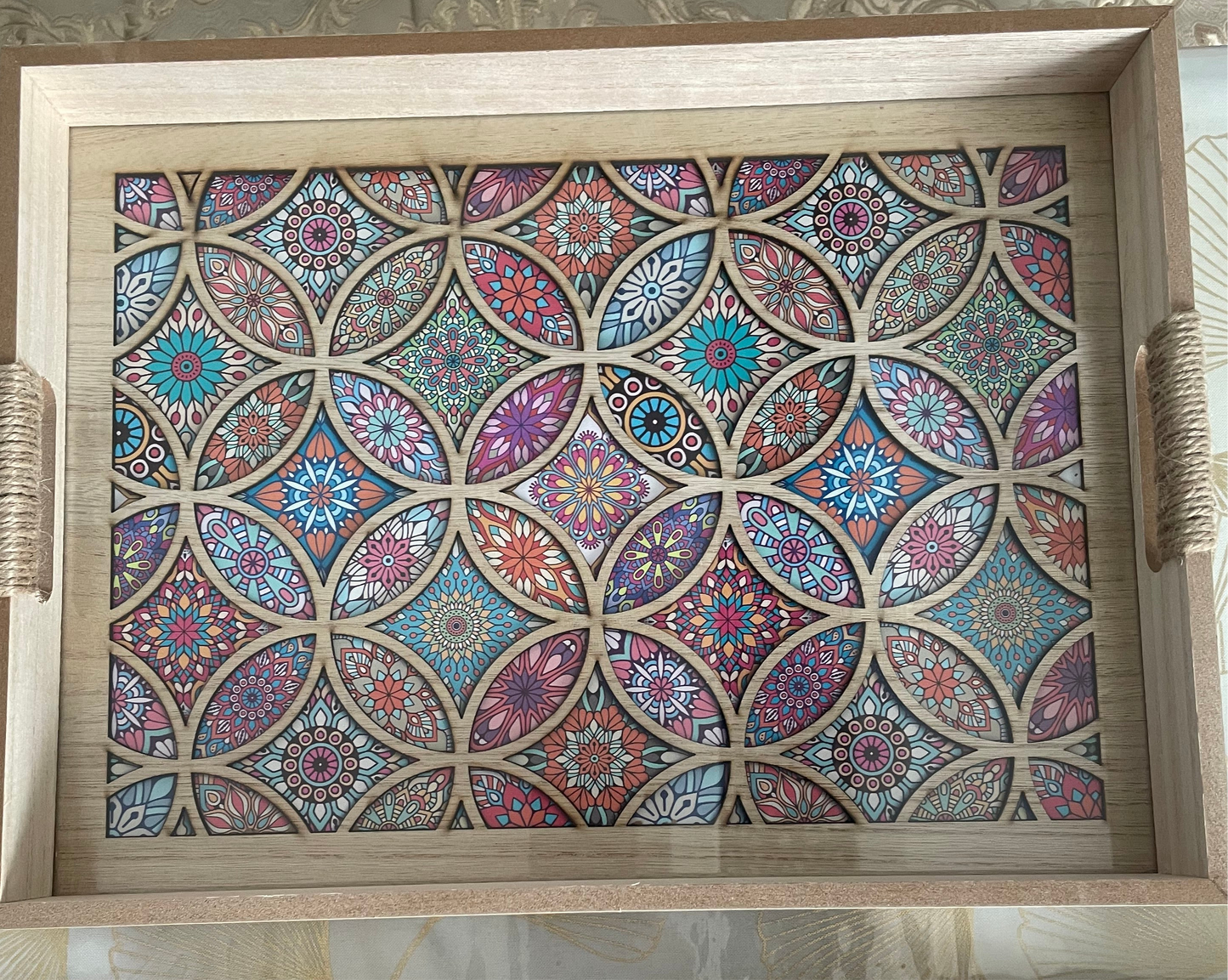 Plateau Oriental en Bois avec Motifs Zellige sous Verre – Grand Format – 3 Décors au Choix