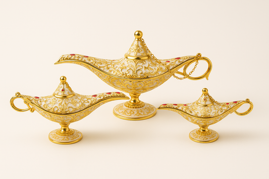 Ensemble de 3 lampes d’Aladin décoratives – Métal doré et émail blanc avec pierres rouges