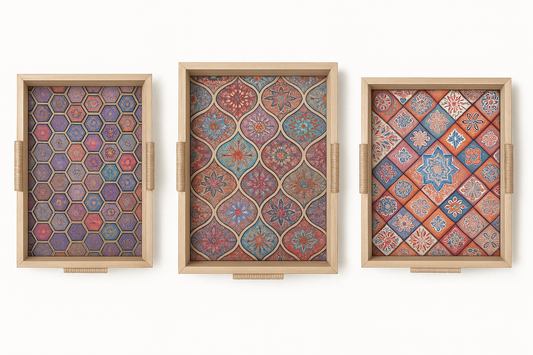 Plateau Oriental en Bois avec Motifs Zellige sous Verre – Grand Format – 3 Décors au Choix