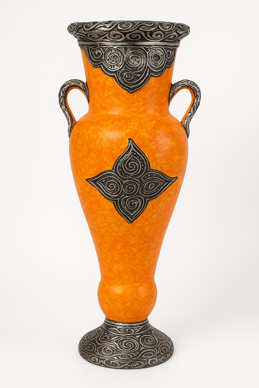 Grand vase décoratif Orientale Orange et Gris argenté-Fait main-69cm