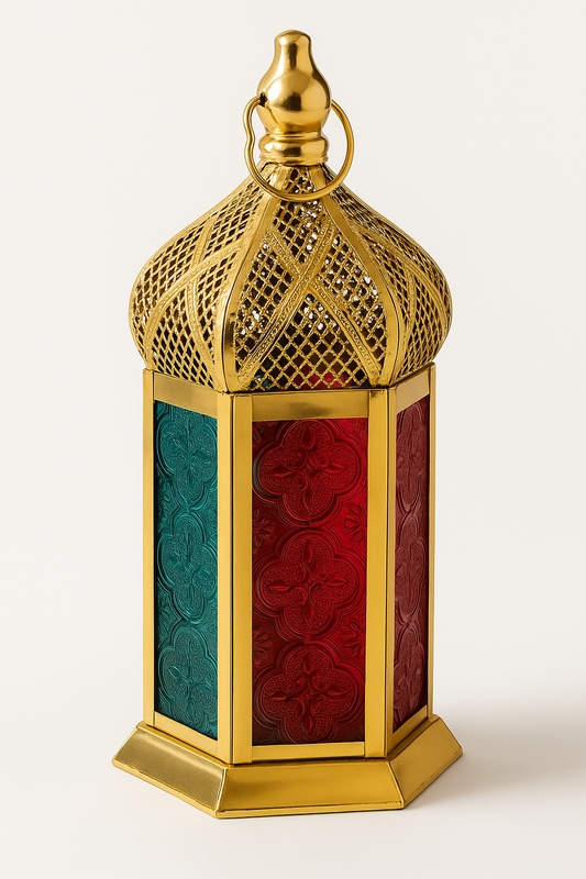 Lanterne Marocaine Dorée en Métal et Verre Coloré – Décoration Orientale Chic