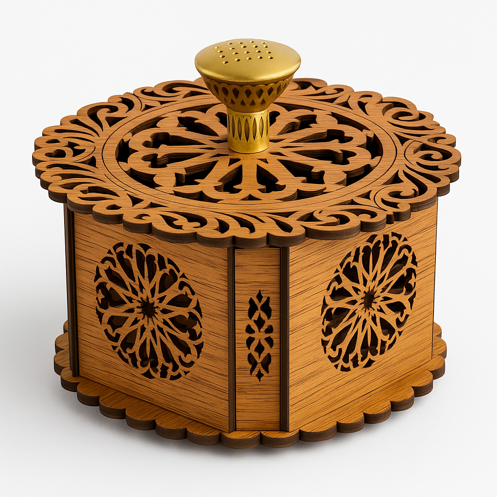Boîte artisanale en bois ajouré – Motif oriental & poignée dorée