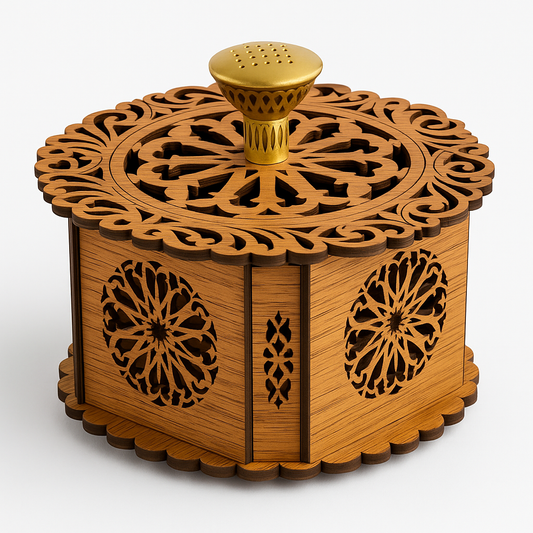 Boîte artisanale en bois ajouré – Motif oriental & poignée dorée