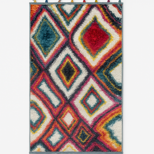 Tapis multicolore bohème – 60x110 cm – Motifs losanges et franges