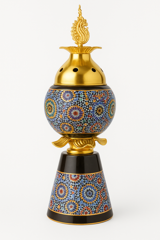 Encensoir Oriental en Céramique Émaillée et Dorure – Motifs Zellige Marocain