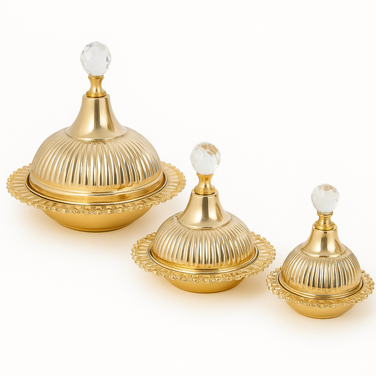 Ensemble de 3 Tajines Décoratifs Dorés – Petit, Moyen et Grand – Style Oriental Chic